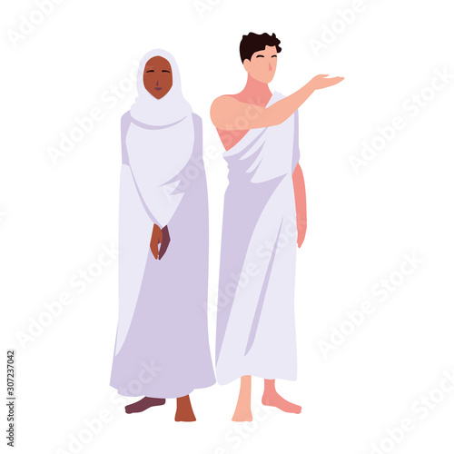 couple of people pilgrims hajj standing on white background