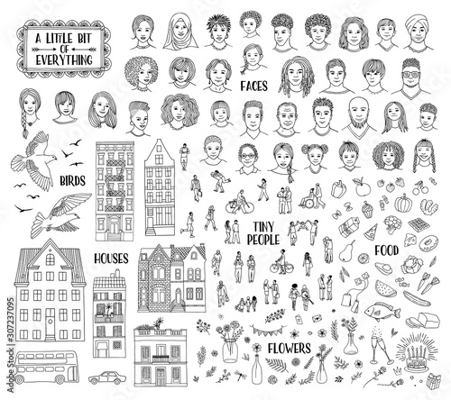 Collection of various hand drawn items, like faces, houses, tiny people, food, and floral elements. Black and white line art