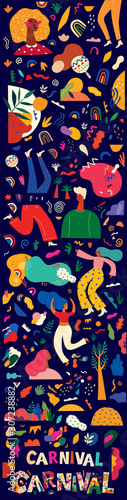 Colorful pattern with abstract stylish individual design elements. Dancing people. New Year celebration. Design for holidays Birthday, New Year, Brazil Carnival or party	