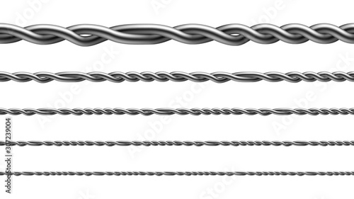 Twisted Iron Wire Seamless Pattern Set Vector. Collection Of Aligned Metallic Wire, Standard Fencing Technology For Enclosing Cattle And Attach To Wooden Posts. Template Realistic 3d Illustrations
