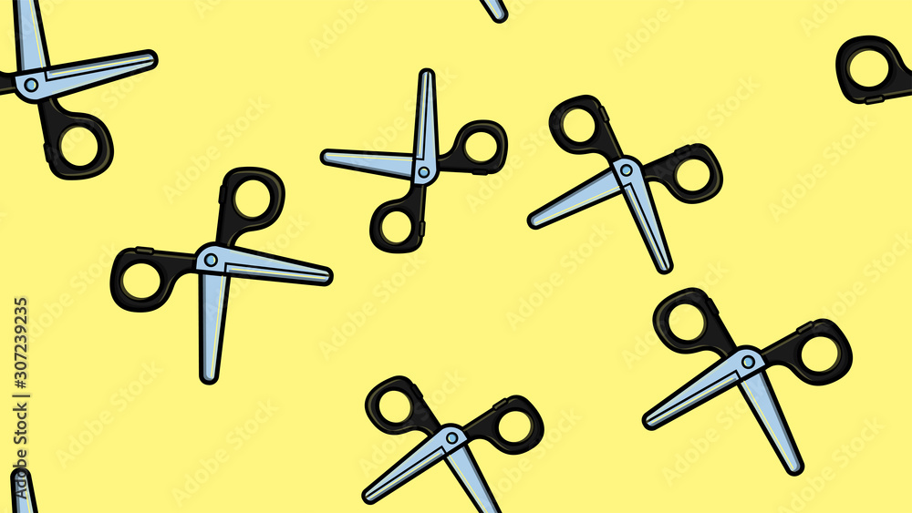 texture seamless pattern scissors on a yellow background for the decoration of paper cutting, decor, for cutting small parts, ribbons, sequins, handmade products. Vector illustration texture seamless pattern scissors on a yellow background for the decoration of paper cutting, decor, for cutting small parts, ribbons, sequins, handmade products. Vector illustration