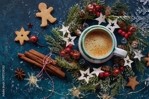 Christmas wreath with cup of coffee