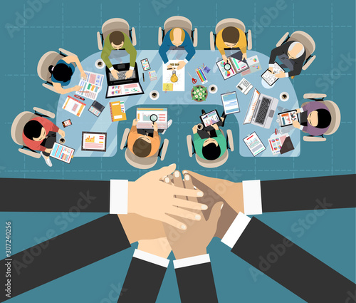 Flat design illustration concepts for business analysis and planning, consulting, team work, project management. Business, team work, cooperation and partnership.