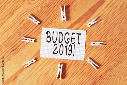 Conceptual hand writing showing Budget 2019. Concept meaning estimate of income and expenditure for current year Colored crumpled papers wooden floor background clothespin