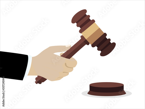 Gavel in hand on white. Flat vector illustration.