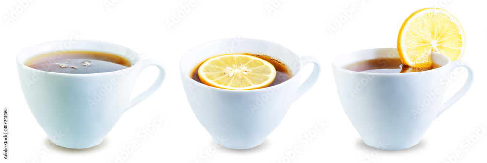 Cup of black tea with lemon on a white isolated background Cup of black tea with lemon on a white isolated background