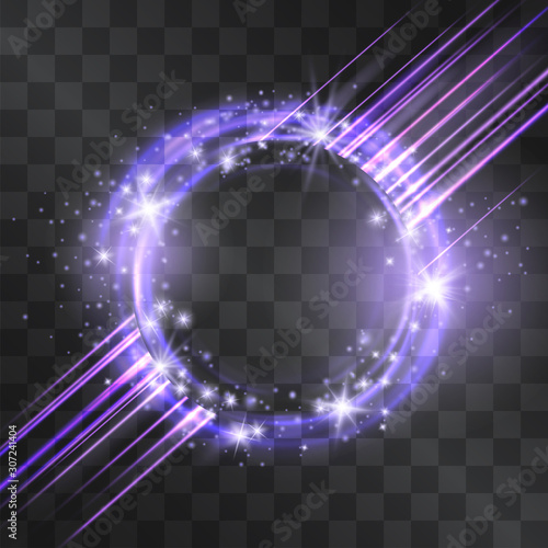 Purple circle flare frame with glowing tail of shining laser stream and stardust sparkles, cold fairy tale illumination. Blizzard energy ring flows in motion, outer space light effect portal.