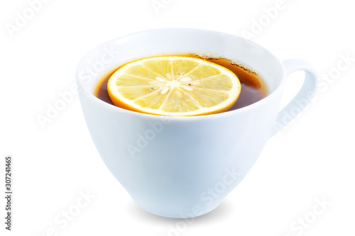 Cup of black tea with lemon on a white isolated background