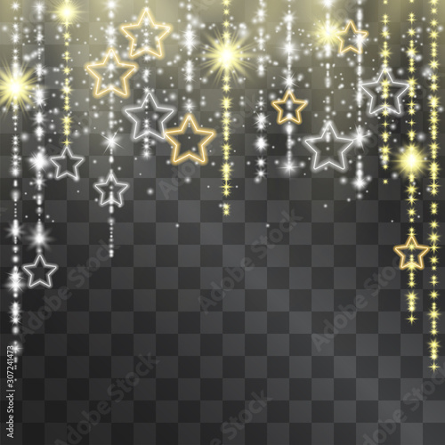 Luxurious neon golden frame with shining tinsel. Glowing lacy decorative garland for sumptuous design, invitations, event posters. Expensive arch for gala celebrations with hanging star silhouettes.