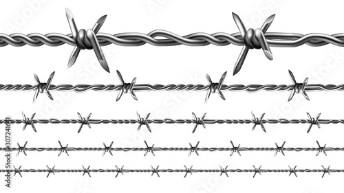 Wire Of Prison Fence Seamless Pattern Set Vector. Type Of Steel Fencing Wire Chain Constructed With Sharp Edges Arranged At Intervals Along Strands. Template Realistic 3d Illustrations
