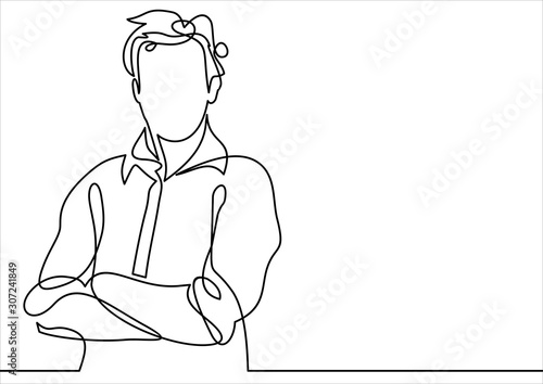 business man in a crossed his arms thinking - continuous line drawing © nikvector