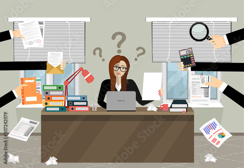 Person at work multitasking, stress in office. Business woman surrounded by hands with office things.