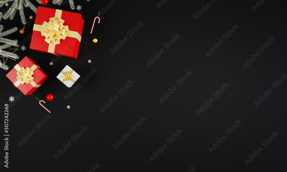 Merry Christmas and Happy Holidays greeting card, frame, banner. New Year. Christmas ornaments and gift on black background top view. Winter xmas holiday theme. Flat lay. 3d rendering Merry Christmas and Happy Holidays greeting card, frame, banner. New Year. Christmas ornaments and gift on black background top view. Winter xmas holiday theme. Flat lay. 3d rendering