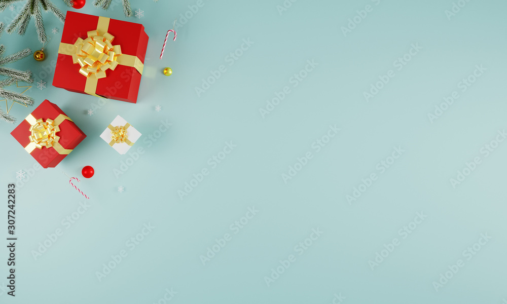 Merry Christmas and Happy Holidays greeting card, frame, banner. New Year. Christmas ornaments and gift on light blue background top view. Winter xmas holiday theme. Flat lay. 3d rendering Merry Christmas and Happy Holidays greeting card, frame, banner. New Year. Christmas ornaments and gift on light blue background top view. Winter xmas holiday theme. Flat lay. 3d rendering