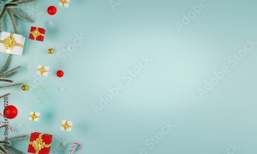 New Year and Christmas light blue background with decoration on side mockup. Flay lay. Top view. Christmas tree, toys, gift boxes, presents, candy canes. Holiday concept. 3d illustration.