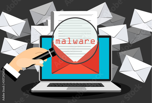 Concept of virus, piracy, hacking and security. Envelope with walware in iaptop. Website banner of e-mail protection, anti-malware software. Flat vector illustration.