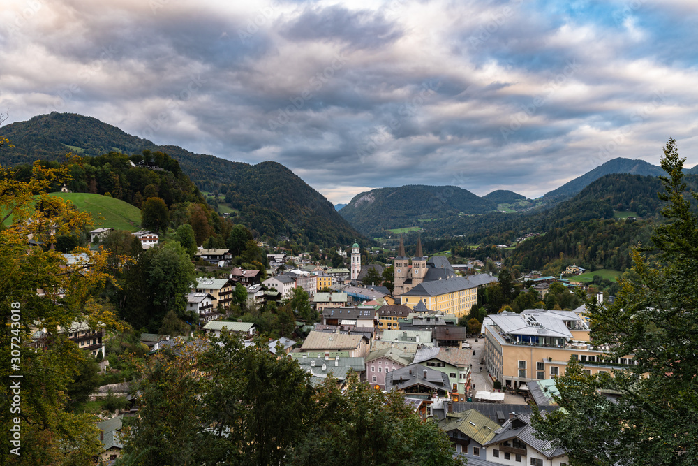 Stunning view of Berchtesgaden cityscape on a cloudy day in autumn, Bavaria, Germany