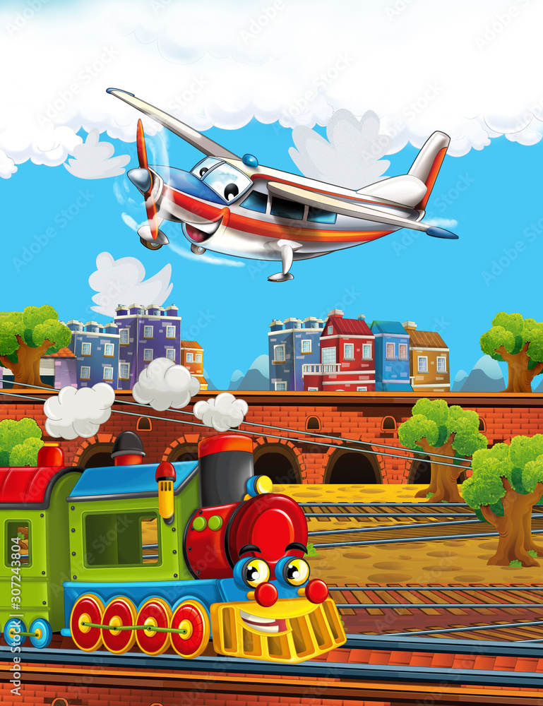 Fototapeta premium Cartoon funny looking steam train on the train station near the city and flying plane - illustration for children