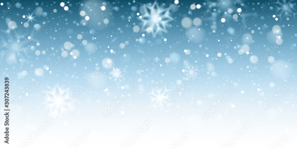 Christmas snow background. Blue frozen background. Snowflakes. Vector illustration.