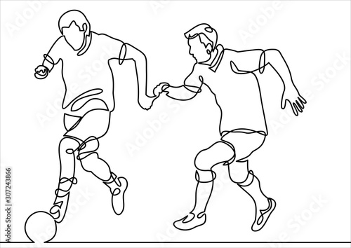 Continuous Line Drawing or One Line Drawing of two Soccer Players scrambling for ball