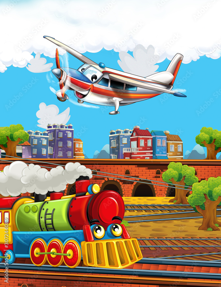 Fototapeta premium Cartoon funny looking steam train on the train station near the city and flying plane - illustration for children