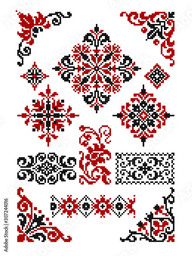 Vector drawing - set of decorative elements for design in the form of Slavic ethnic patterns for embroidery