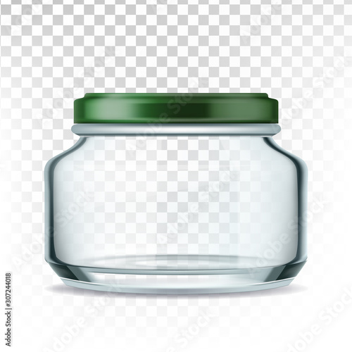 Jar Glass With Green Cap For Storage Sauce Vector. Empty Glass Bottle For Spicy Salsa, Guacamole, Ketchup, Mayonnaise Or Chili Transparency Background. Glassware Layout Realistic 3d Illustration