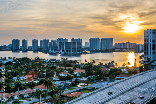 Skyline of South Florida waterfront city at sunset