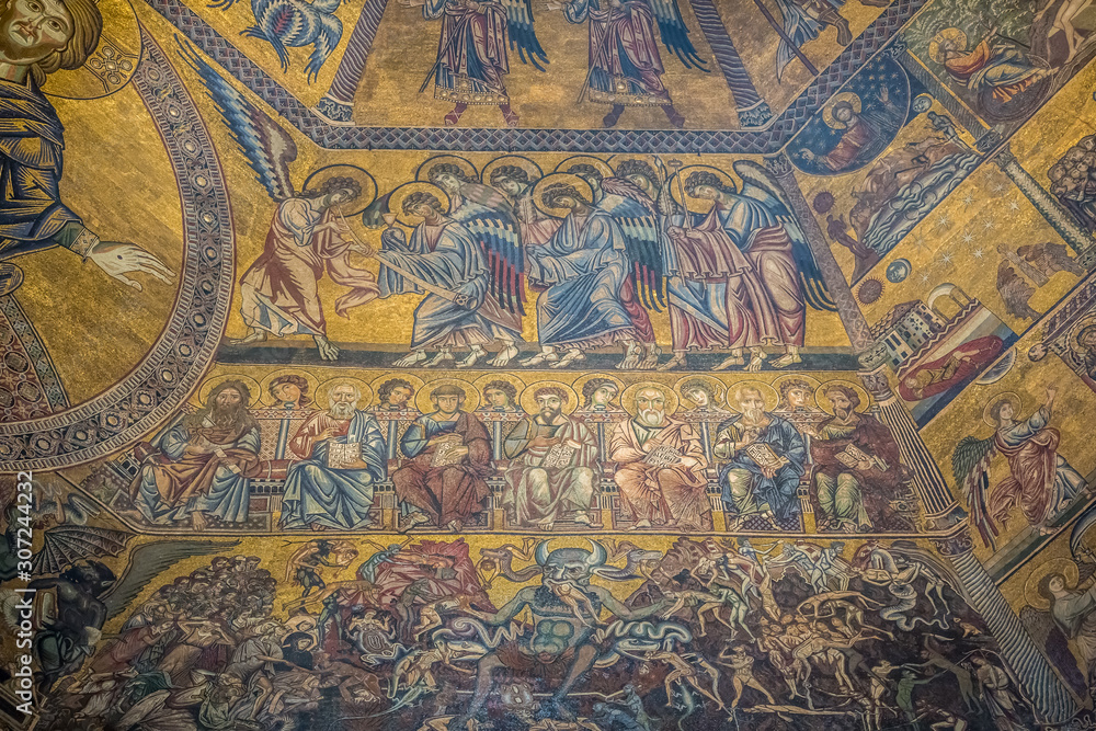 Fragment of ceiling mosaic with scenes of the Last judgment in the Florentine Baptistery of San Giovanni. Florence, Tuscany, Italy