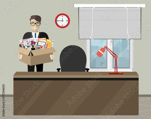 Businessman holding in a cardboard box office accessories in offese. Vector illustration in flat style