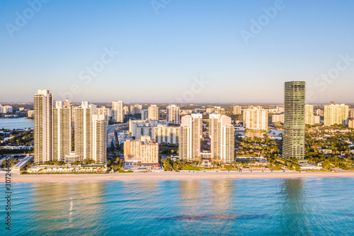 Aerial panorama of skyline at waterfront of South Florida