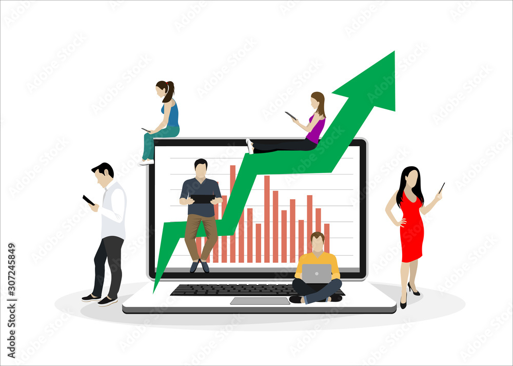 Business graph growth concept vector illustration of professional people working as team and sitting on growing chart. Flat people using laptops to develop business. White business background Business graph growth concept vector illustration of professional people working as team and sitting on growing chart. Flat people using laptops to develop business. White business background