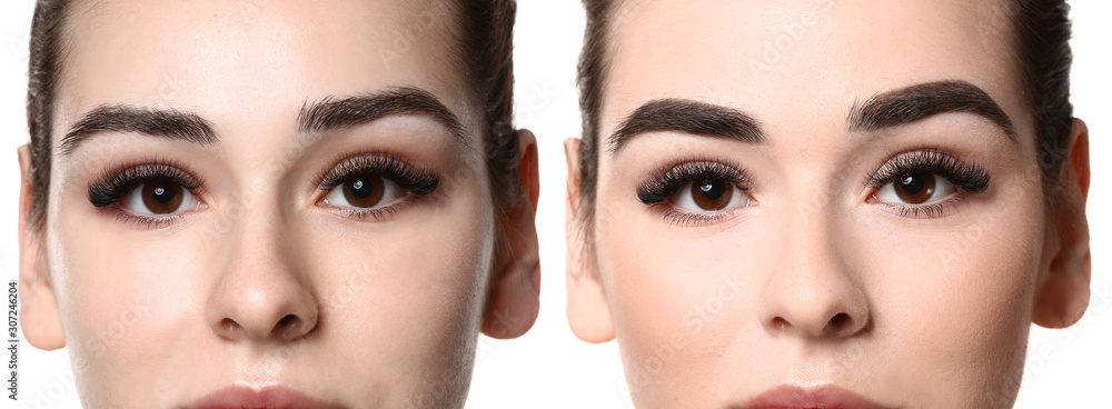 Young woman before and after eyebrows correction on white background