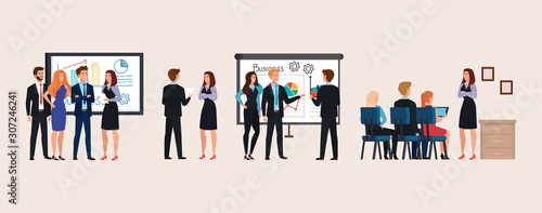 set of scenes business people meeting with infographics presentation vector illustration design
