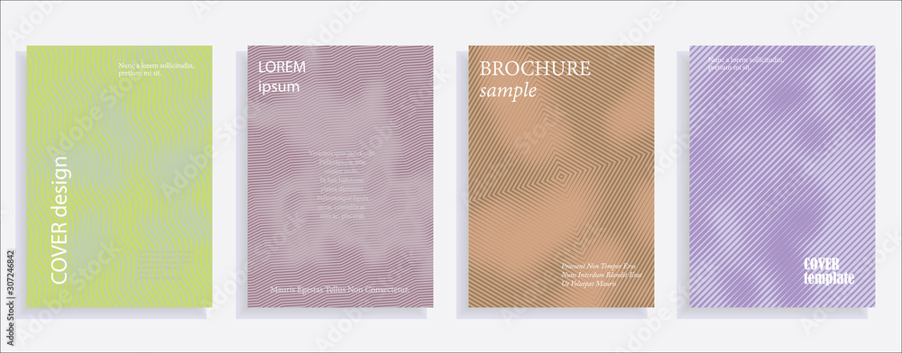 Minimalistic cover design templates. Set of layouts for covers of books, albums, notebooks, reports, magazines. Line halftone gradient effect, flat modern abstract design. Geometric mock-up texture