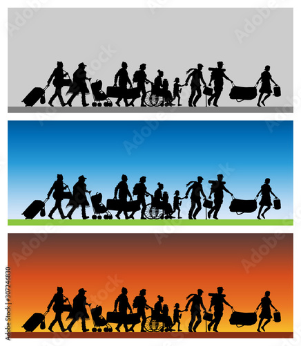 Immigrants silhouette with different backgrounds