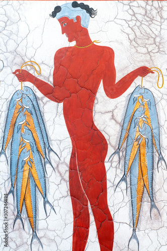 Reproduction of the Fisherman fresco from Akrotiri  Santorini Cyclades Greek Islands Greece