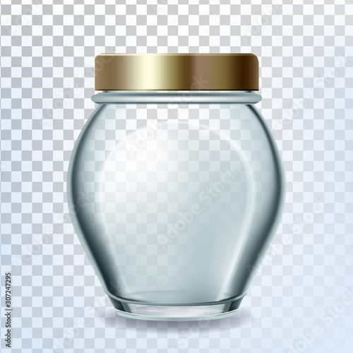 Glass Bottle Closed By Golden Cap For Sugar Vector. Empty Glass Package For Storaging Flour, Salt, Groats Or Peanuts Transparency Background. Glassware Template Realistic 3d Illustration