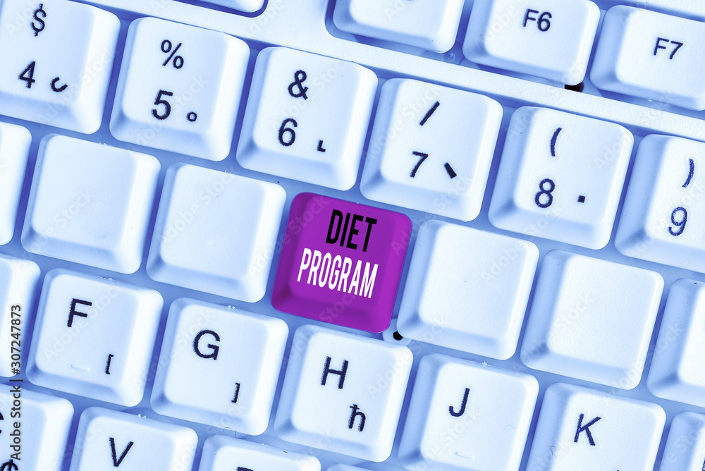 Handwriting text writing Diet Program. Conceptual photo practice of eating food in a regulated and supervised fashion White pc keyboard with empty note paper above white background key copy space Handwriting text writing Diet Program. Conceptual photo practice of eating food in a regulated and supervised fashion White pc keyboard with empty note paper above white background key copy space
