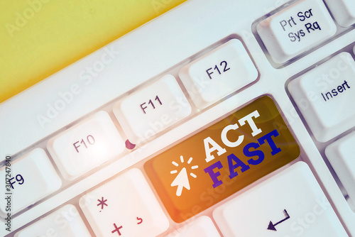 Writing note showing Act Fast. Business concept for Voluntarily move in the highest state of speed initiatively White pc keyboard with note paper above the white background photo