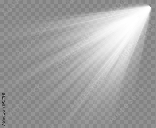 Spotlight isolated on transparent background. Vector sunlight with rays and beams. Vector glowing effect photo