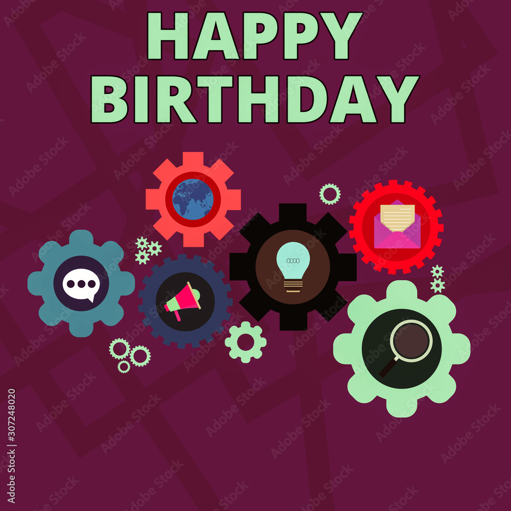 Word writing text Happy Birthday. Business photo showcasing The birth anniversary of a demonstrating is celebrated with presents Set of Global Online Social Networking Icons Inside Colorful Cog Wheel Word writing text Happy Birthday. Business photo showcasing The birth anniversary of a demonstrating is celebrated with presents Set of Global Online Social Networking Icons Inside Colorful Cog Wheel