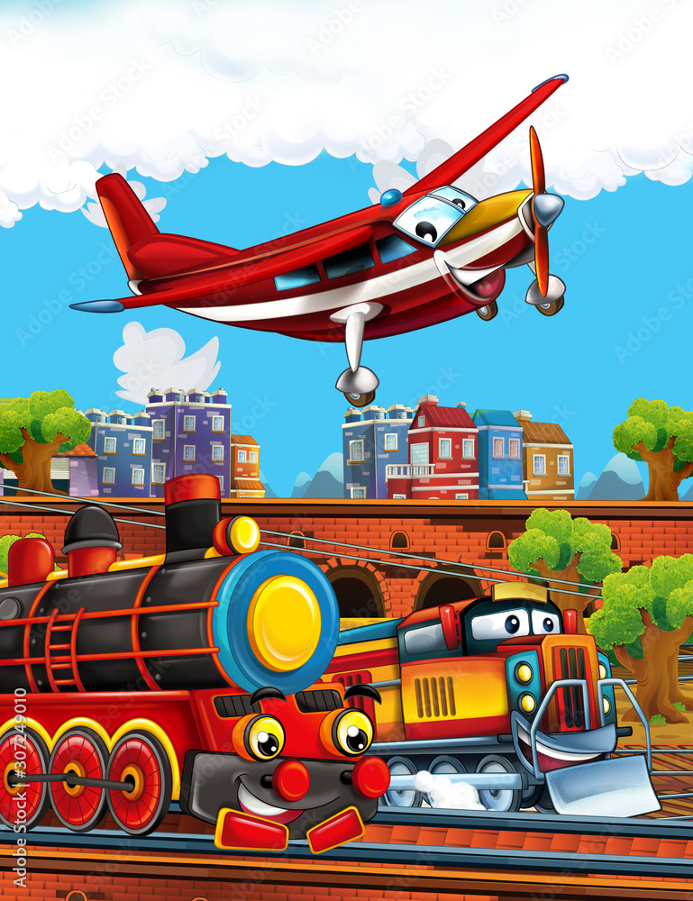 Fototapeta premium Cartoon funny looking steam train on the train station near the city and flying fireman plane - illustration for children