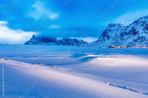 Beautiful northern nature, amazing snowy landscape dusk scene, location Lofoten Islands in Norway over Polar circle. 