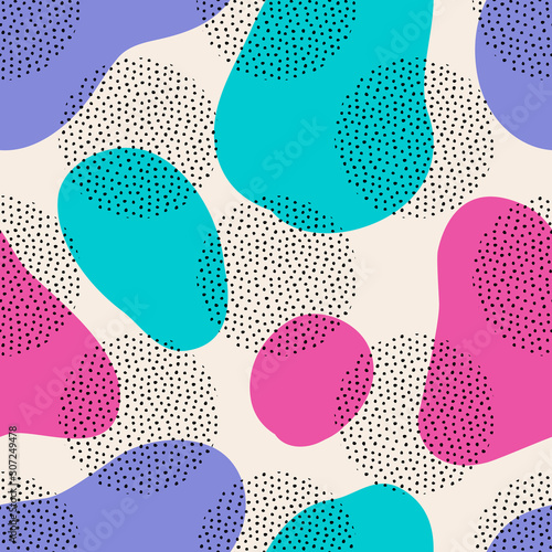 Vector seamless pattern with round dotted elements and fluid shapes. Trendy geometric background.