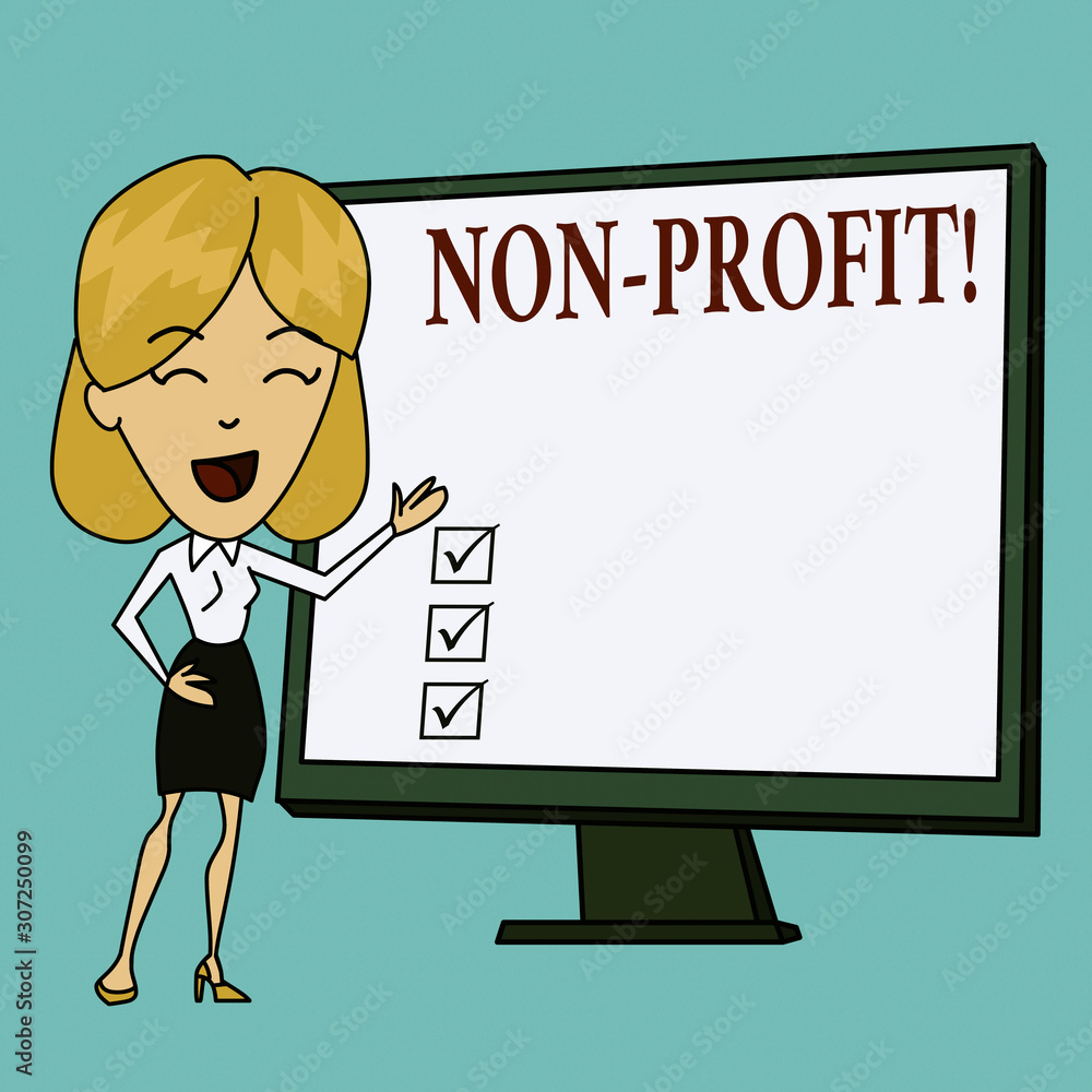 Writing note showing NonProfit. Business concept for not making or conducted primarily to make profit organization White Female in Standing Pointing Blank Screen Whiteboard Presentation Writing note showing NonProfit. Business concept for not making or conducted primarily to make profit organization White Female in Standing Pointing Blank Screen Whiteboard Presentation