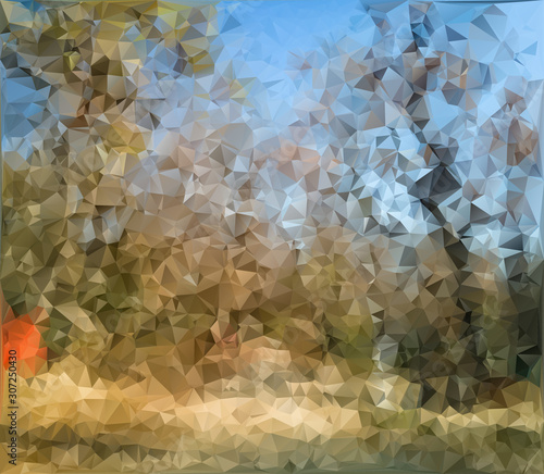 Triangles background - footpath between tall autumn trees, sunny day - vector