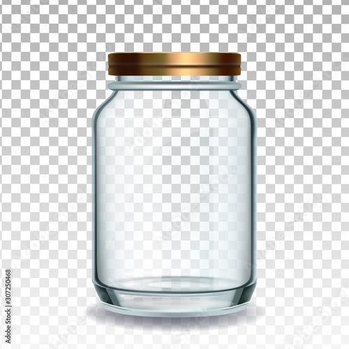 Jar Glass Closed By Golden Cap For Jam Vector. Glossy Empty Glass Bottle For Storaging Breakfast Sweet Nutrition Transparency Background. Glassware Template Realistic 3d Illustration