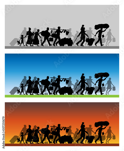 Walking refugees silhouette with different backgrounds