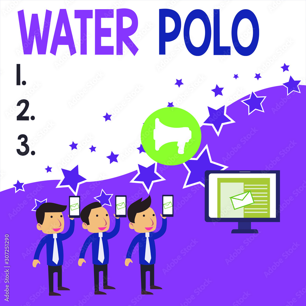 Conceptual hand writing showing Water Polo. Concept meaning competitive team sport played in the water between two teams SMS Email Marketing Media Audience Attraction PC Loudspeaker Conceptual hand writing showing Water Polo. Concept meaning competitive team sport played in the water between two teams SMS Email Marketing Media Audience Attraction PC Loudspeaker
